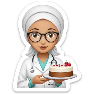 A hijabi girl wearing glasses, wearing doctor scrub, holding a plate with a cake sticker