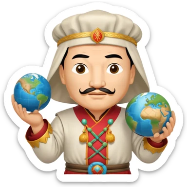 genghis khan in cook costume and holds a a globe with both hands sticker
