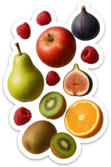 Pere, mele, lamponi, fichi, kiwi, arance FLUTTUANO IN ARIA, IPERREALISTICO 4K sticker