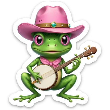 A fairy frog with a pink cowboy hat and banjo with a cigar sticker