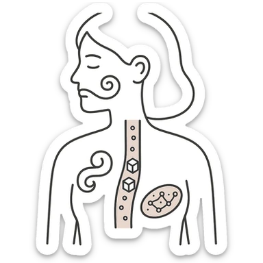 minimalist medical art of a female silhouette with abstract PCOS symptoms inside including swirling facial hair, sugar cubes in blood vessels, constellation-like polycystic ovaries, soft pastel palette sticker