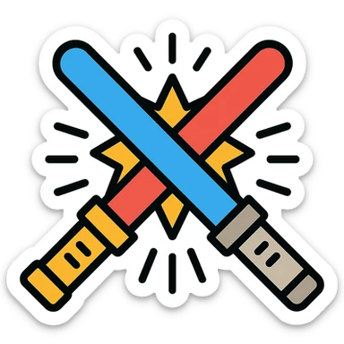 blue and red lightsabers colliding at the center, energy burst and motion streaks sticker