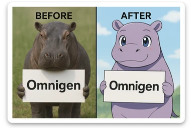 two hippo holding sign of omnigen, half picture 1 hippo is realistic another half is the anime of that same second hippo, with before after mark sticker