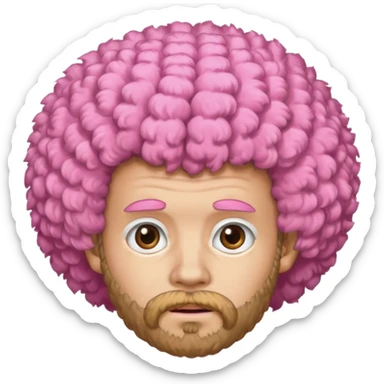 A light-skinned man with a fluffy pink afro, brown eyes, a beard, and a slightly uneasy expression. sticker
