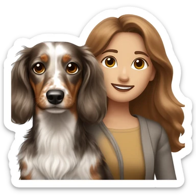 Tri Merle long haired Dachshund together with brown haired woman  sticker
