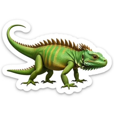 cinematic-iguana-realistic-full-body-basking-emoji,-long-scaly-body-stretched-out,-spiny-ridge-running-down-its-back,-textured-green-and-brown-skin-dappled-with-light,-sharp-intelligent-eyes-studying-the-surroundings sticker