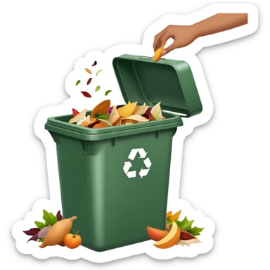 hand dropping food scraps into a trash bin, clean and expressive sticker