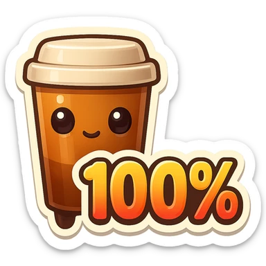Tall coffee cup, no mouth, giant sign "100%" sticker