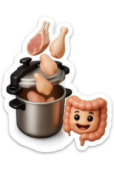 emoji stile iphone in 3d di una pentola a pressione dentro cui cadono agnello, pollo, tacchino crudi e un intestino umano felice da cuocere, iperrealistico 4k sticker