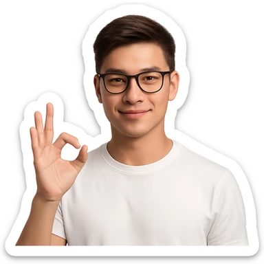 a young Asian man with cool brown short hair, wearing black framed glasses, a white top, making an OK gesture with his right hand, and smiling confidently sticker