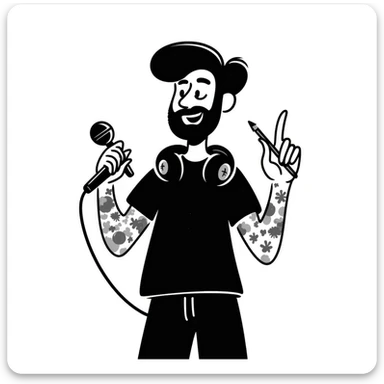 pop musician with stylish short beard, sleeve tattoos, headphones around neck, enthusiastic smile, gripping microphone with left hand and pencil with right hand sticker