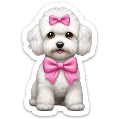 white maltipoo with pink bows on the head sticker