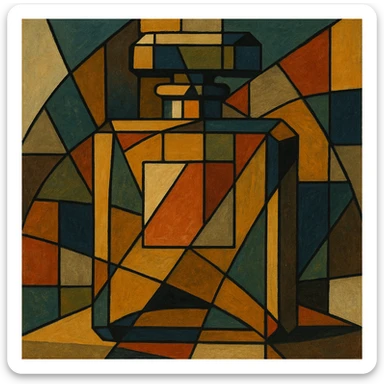 Chanel perfume bottle in cubist abstraction style, geometric shapes, bold lines sticker