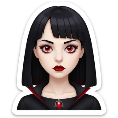 pale woman with black long straight black hair red sleepy eyes with black eyeliner black lipstick vampire teeth straight short bangs serious expression with thin black eyebrows nose piercing black clothe  sticker
