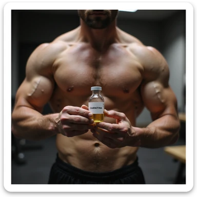 muscular bodybuilder, hyperrealistic photographic style, showing a vial labeled 'CARNITINA' sticker
