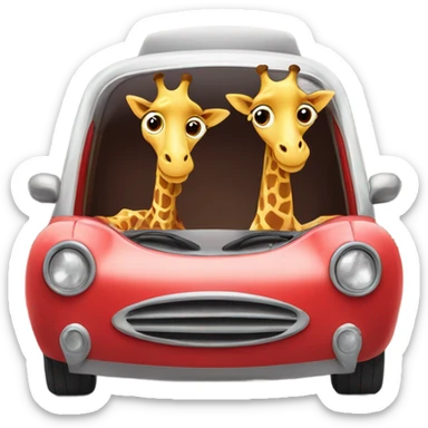 two cute giraffes driving in a red car sticker