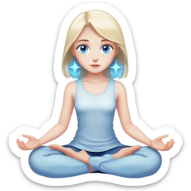 Cinematic girl with large sparkling blue eyes sitting cross legged, Ultra realistic 32k HD, hauntingly beautiful, Balanced features, highly detailed, glowing, high shine, enchanting, ghostly, dreamy glow, complex pose. The image is so lifelike it could leap off the canvas at any moment sticker