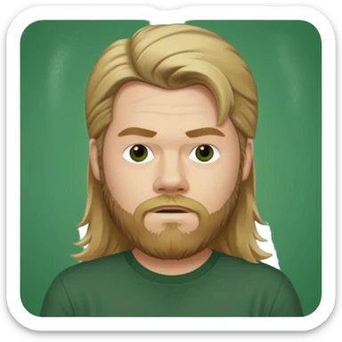 Ryan Dunn with long dark blonde hair, dark green shirt sticker