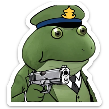 mob boss Italian frog, holding a tommy gun, with a sly grin sticker