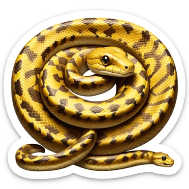 cinematic-python-realistic-full-body-coiled-emoji,-thick-scaled-body-looped-tightly,-intricate-brown-and-gold-patterned-scales-reflecting-light,-head-tilted-dramatically,-slitted-eyes-staring-calmly,-simplified-yet-realistic-focused-feature sticker