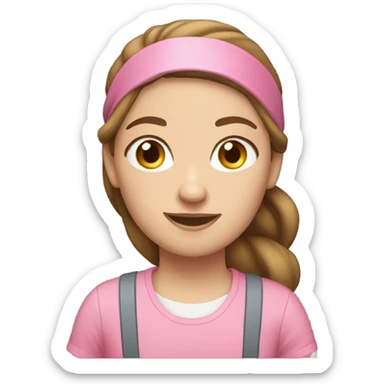 A white woman with brown hair in pony tail wearing pink headband, pink t shirt and overalls  sticker