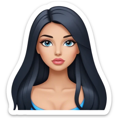 Glamours, tanned, very beautiful girl, with big pump peach-beige-rose lips, long long lashes, black straight smooth silky long hair, straight parting hair, blue-grey eyes sticker