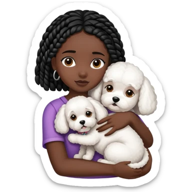 A girl with the black braids has straight hair ,hugging a Bichon frise sticker