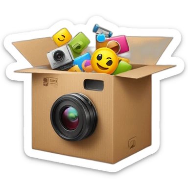 Video Camera, Instagram YouTube icons fly out from the Cardboard box sticker