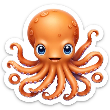 Cinematic Cute Octopus Portrait Emoji, Head tilted playfully and inquisitively, featuring a rounded, light orange body embellished with playful blue rings, eight adorably curling arms, and big, twinkling eyes full of wonder, Simplified yet irresistibly adorable features, highly detailed, glowing with a warm, inviting underwater glow, high shine, affectionate and lively, stylized with a touch of whimsical cartoon charm, soft glowing outline, capturing the essence of a mischievous yet loving octopus that seems as if it could bob out of the screen into your arms! sticker