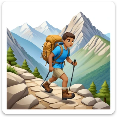 person hiking down one mountain and up another mountain sticker