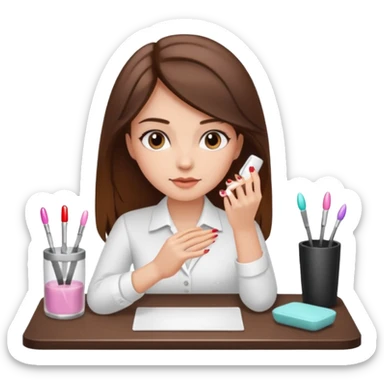 A realistic illustration of a girl with medium-length thick brown hair sitting at a manicure table.
 sticker
