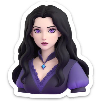 Yennefer from Witcher with long black hair, violet eyes, pale skin, wearing black clothes sticker