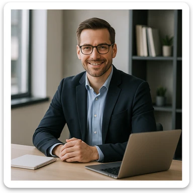 A 35-year-old male business coach sitting at a desk with a laptop, professional and modern style sticker