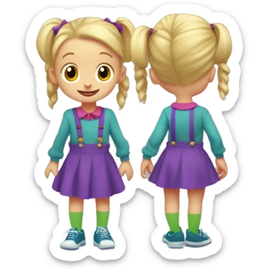 A little blonde girl with pigtails and little purple bows wearing a red long-sleeved shirt and purple overalls skirt with blue tights with green polka dots and purple sneakers, full body, rugrats sticker