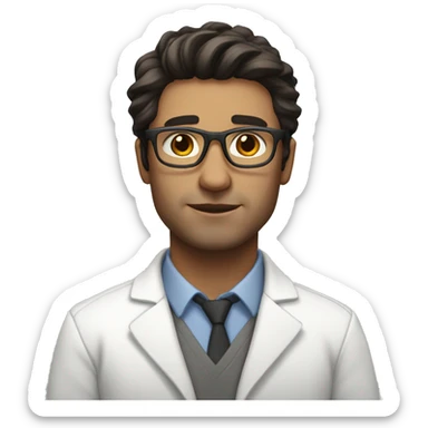 Male therapist dark hair glasses white coat sticker