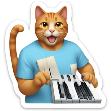 tan-red cat wearing a light-blue t-shirt taps musical keyboard sticker