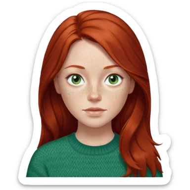 woman with long dark auburn red hair that is mostly straight but has slight waves to it. grey blue eyes. some freckles. wearing a Swedish style sweater that is green.  sticker