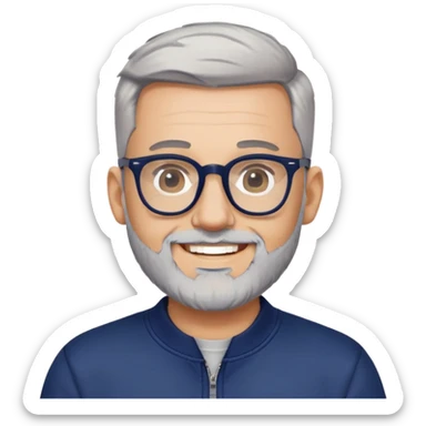 Man with light skin, high fade haircut (extremely short gradient from sides to top), short peppered gray beard, large black-framed glasses, smiling face, navy blue zip-front sweatshirt with long sleeves sticker