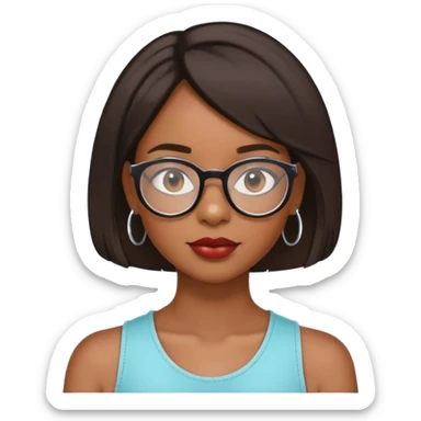 Black girl with shoulder length bob with layers. She wears glasses and has on small hoop earrings and lipgloss sticker