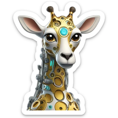 Una girafa robotica con patrones de circuitos brillantes en su piel, piernas con juntas móviles y piezas de metal relucientes sticker