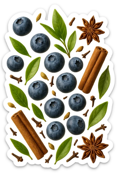 mirtilli, thè verde, spezie, fluttuano in aria, iperrealistico 4k sticker