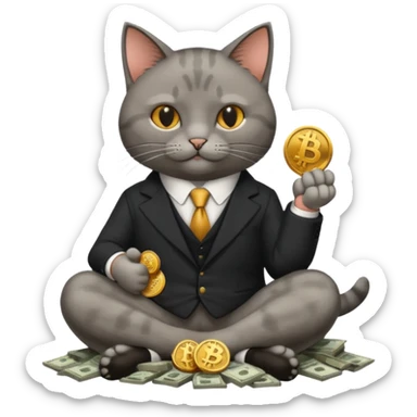 cat mafia corleone sitting on money, bitcoin BTC on hand sticker