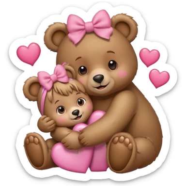 girl bear with bow on her head and boy bear hugging, couple, surrounded by hearts, playful and loving, cute sticker