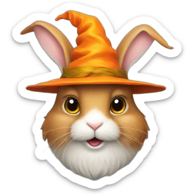 portrait of a rabbit wizard, with an orange hat sticker