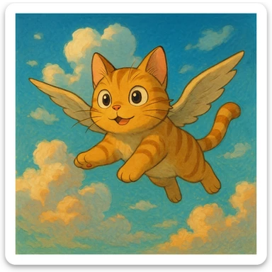 flying cat with expressive eyes in a dreamy sky background in ghibli style sticker