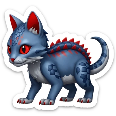 midnight blue-gray-black, with red markings, white belly, scaley scaly batty feline-like quadrupedal digitigrade cute cool handsome badass realistic feral Bastet-Noibat-Gatomon-Garchomp-Digimon-Fakémon-Pokémon-creature (full body) sticker
