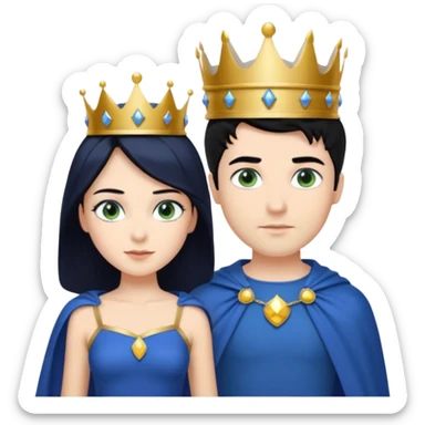 Prince with crown, blue cape and trousers, body and legs, black hair, blue eyes, woman blonde hair, green eyes, sexy white short sleveless dress,  sticker