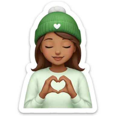 hugging face peaceful brown hair girl closed eyes stylish in a green beanie hat in white sweater smiling making heart from her hands  sticker