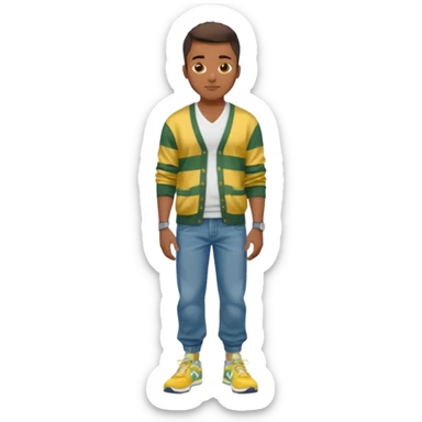 Handsome Black guy with brown skin tone, with lean muscular build, wearing baggy blue jeans, a white v-neck t-shirt, a yellow and green striped cardigan sweater, and grey new balance sneakers  sticker