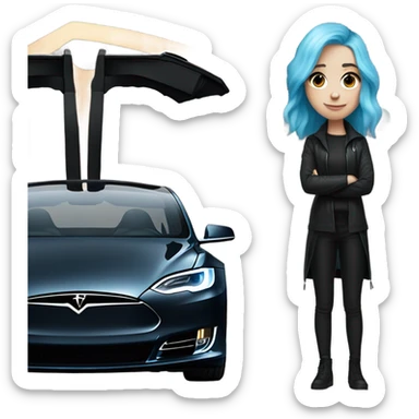 white skin girl with blue hair in black clothes standing next to tesla car sticker